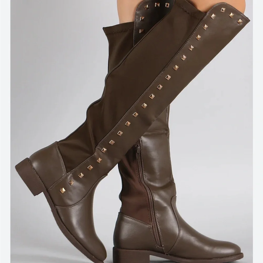 Elegant Brown Over the Knee Boots with Gold Studs